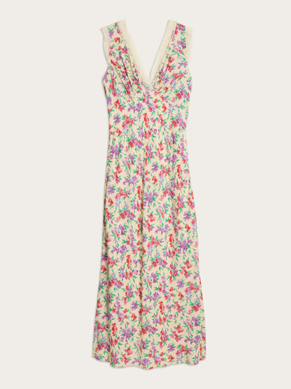 MINETTE Glycine ecru floral print lace midi dress, flat packshot by Rouje