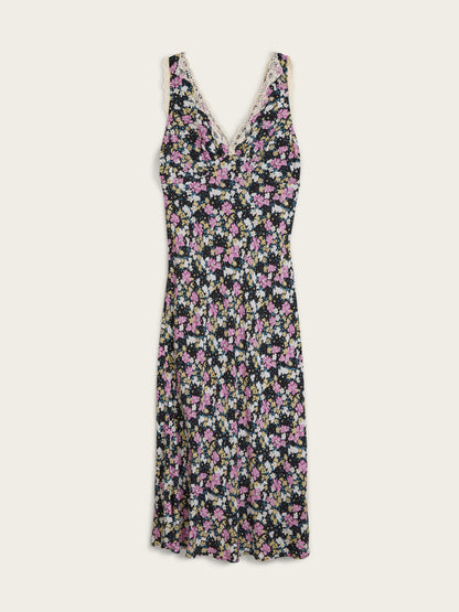 MINETTE black Prairie floral long sleeveless lace dress, flat packshot by Rouje