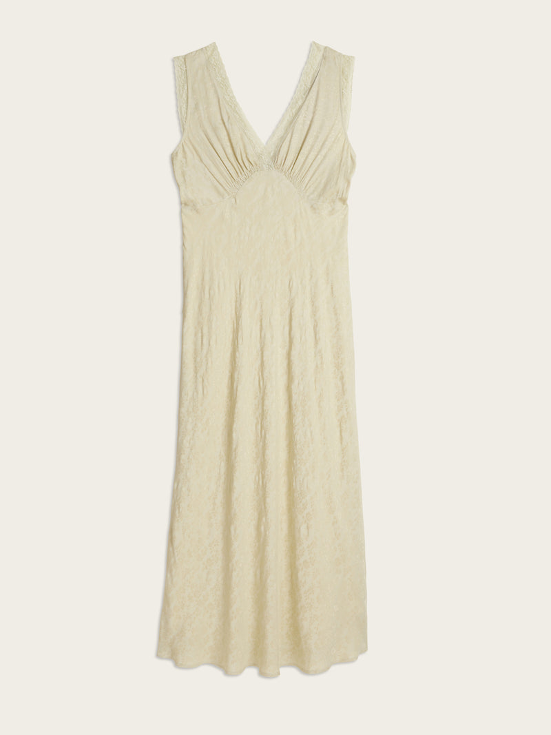 MINETTE ecru lace V-neck midi dress, flat packshot by Rouje