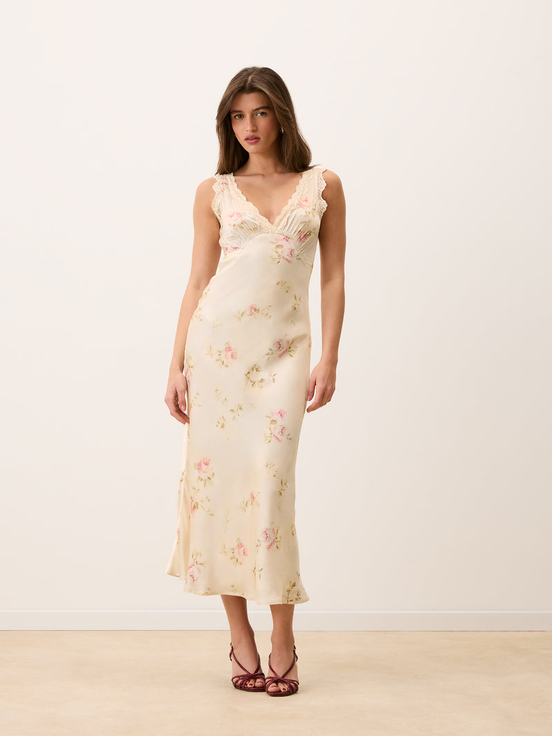 MINETTE Garden Party ecru floral long lace dress, 3/4 view by Rouje