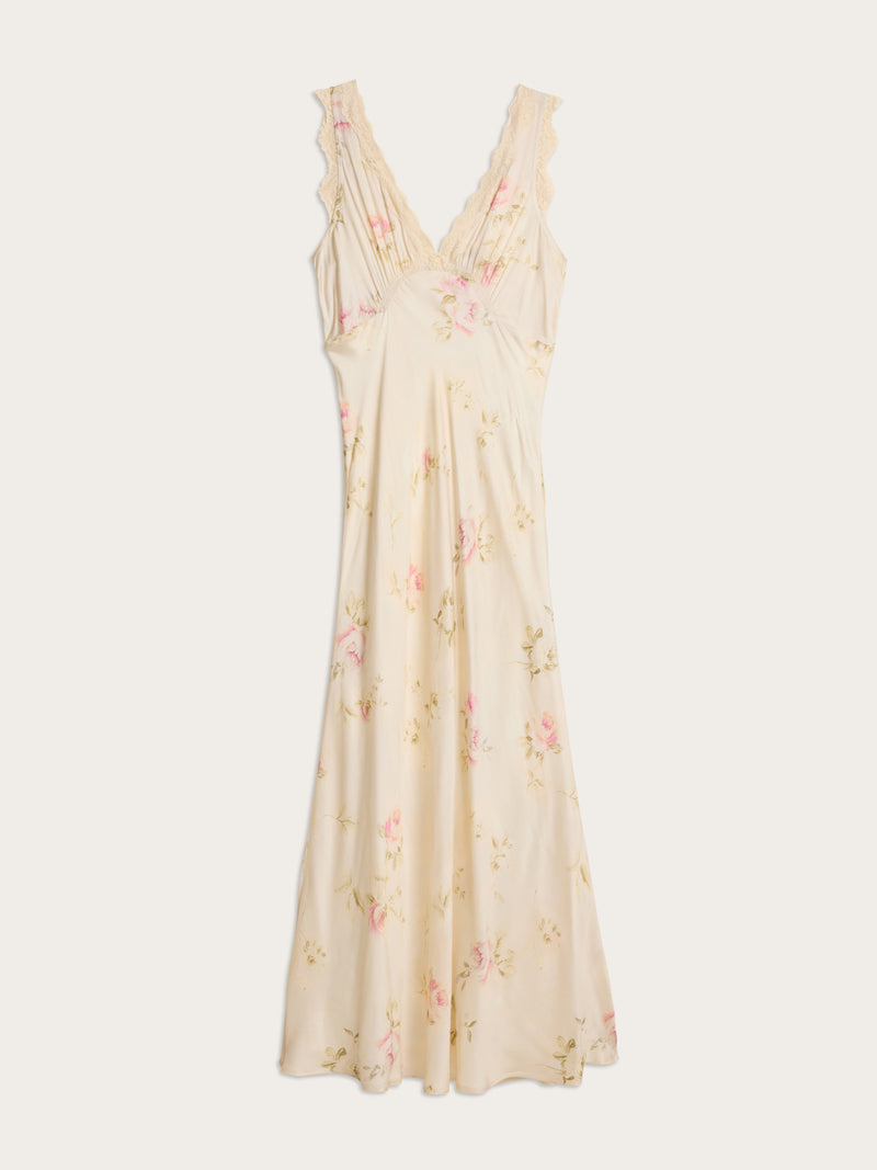 MINETTE Garden Party ecru floral long lace dress, flat packshot by Rouje
