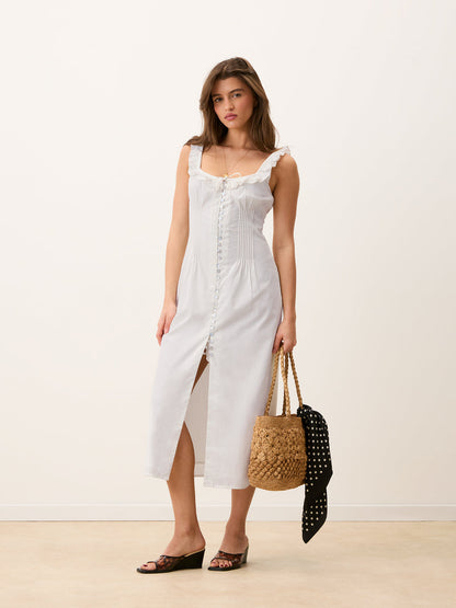 MONIQUE white corset style midi dress worn on a model by Rouje