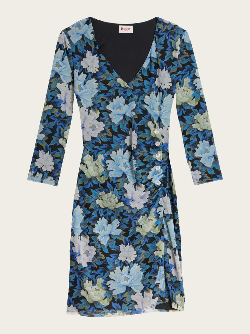 MONIRA blue floral print short faux wrap dress, flat packshot by Rouje
