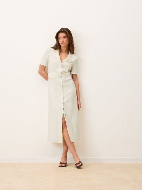 RAELLA white cotton seersucker belted midi dress, front view by Rouje