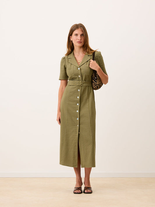 RAELLA olive green seersucker belted midi dress, front view by Rouje