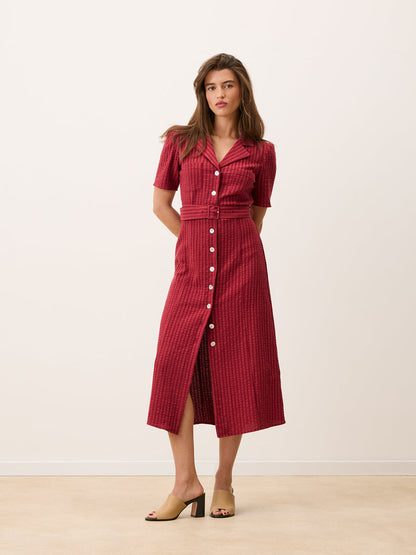RAELLA carmine red seersucker belted midi dress, front view by Rouje