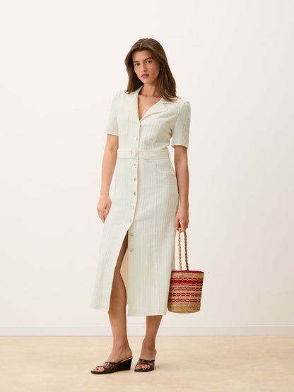 RAELLA white cotton seersucker belted midi dress worn on a model by Rouje