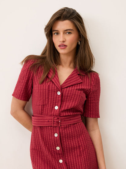 RAELLA carmine red seersucker midi dress, back view by Rouje