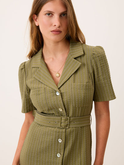 RAELLA olive green seersucker midi dress, detail of shirt collar by Rouje