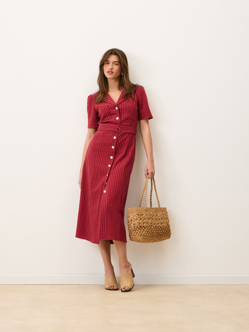 RAELLA carmine red seersucker midi dress, side view by Rouje