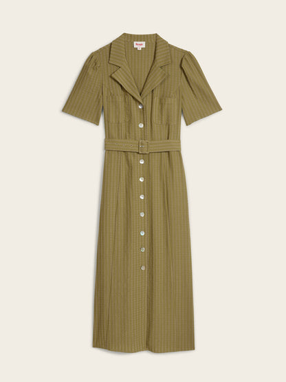 RAELLA olive green seersucker belted midi dress, flat packshot by Rouje