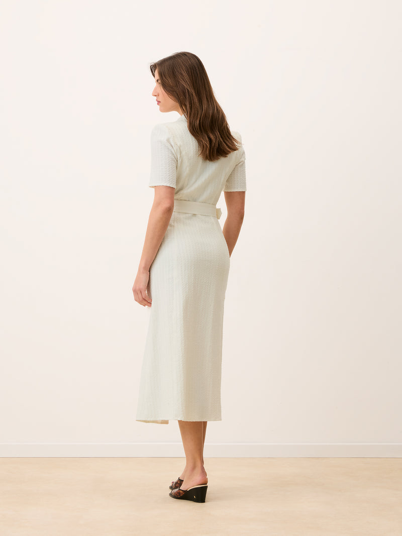 RAELLA white cotton seersucker midi dress, side view by Rouje