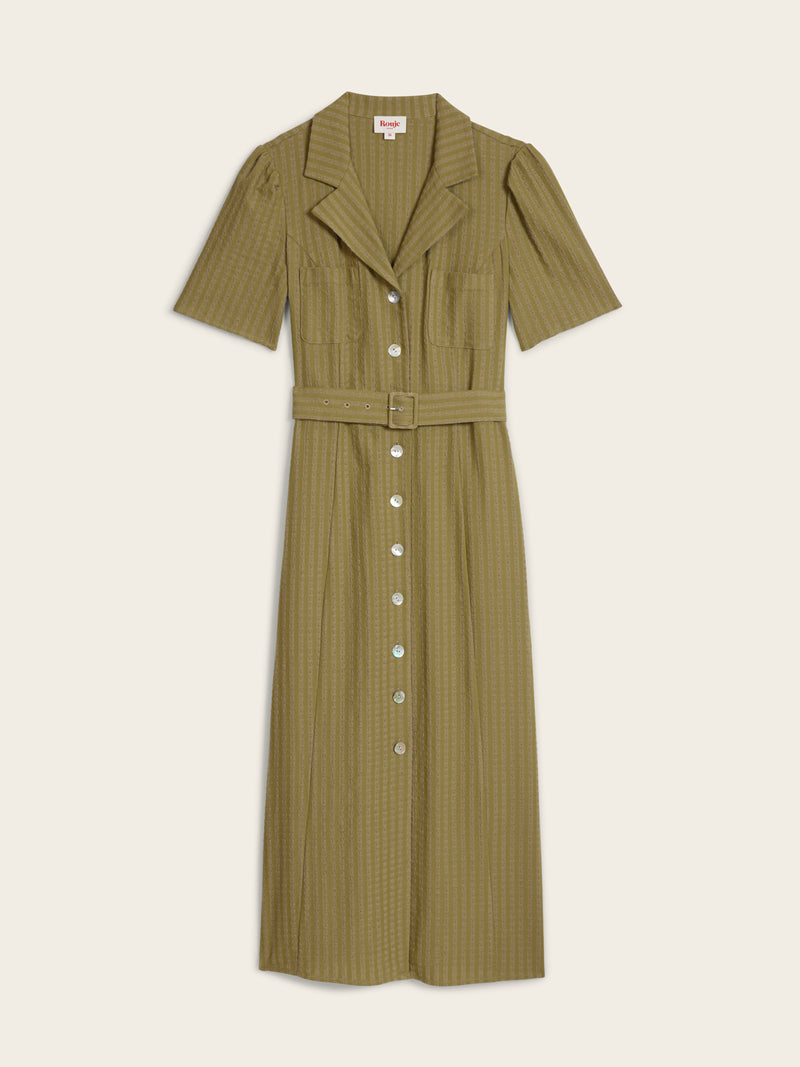 RAELLA olive green seersucker belted midi dress, flat packshot by Rouje