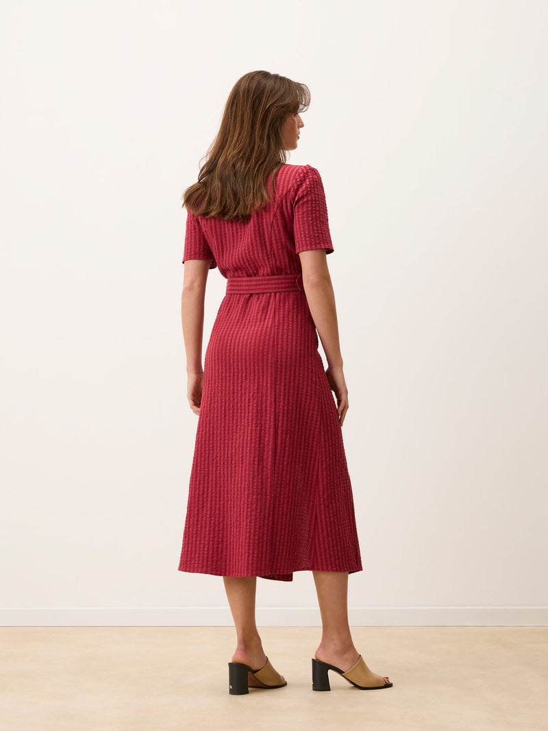 RAELLA carmine red seersucker belted midi dress, additional view by Rouje
