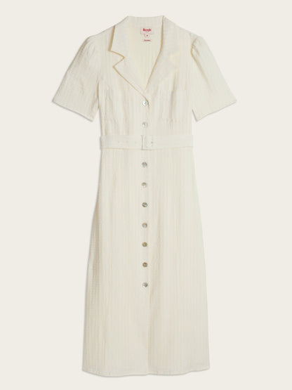 RAELLA white cotton seersucker belted midi dress, flat packshot by Rouje