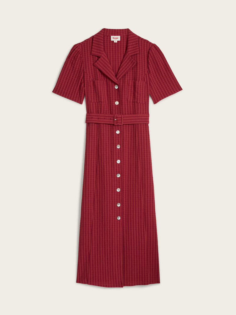 RAELLA carmine red seersucker belted midi dress, flat packshot by Rouje