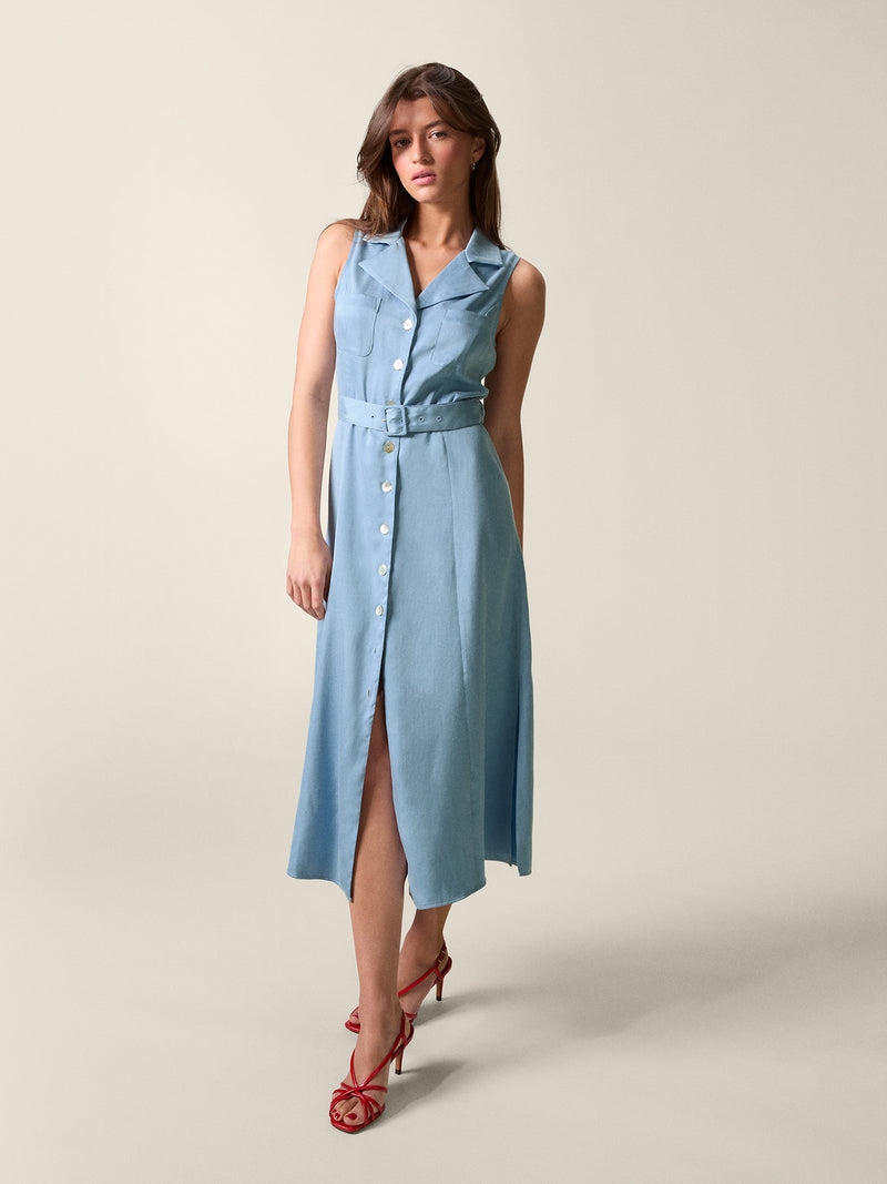Full front view of the Raquel blue dress for women.