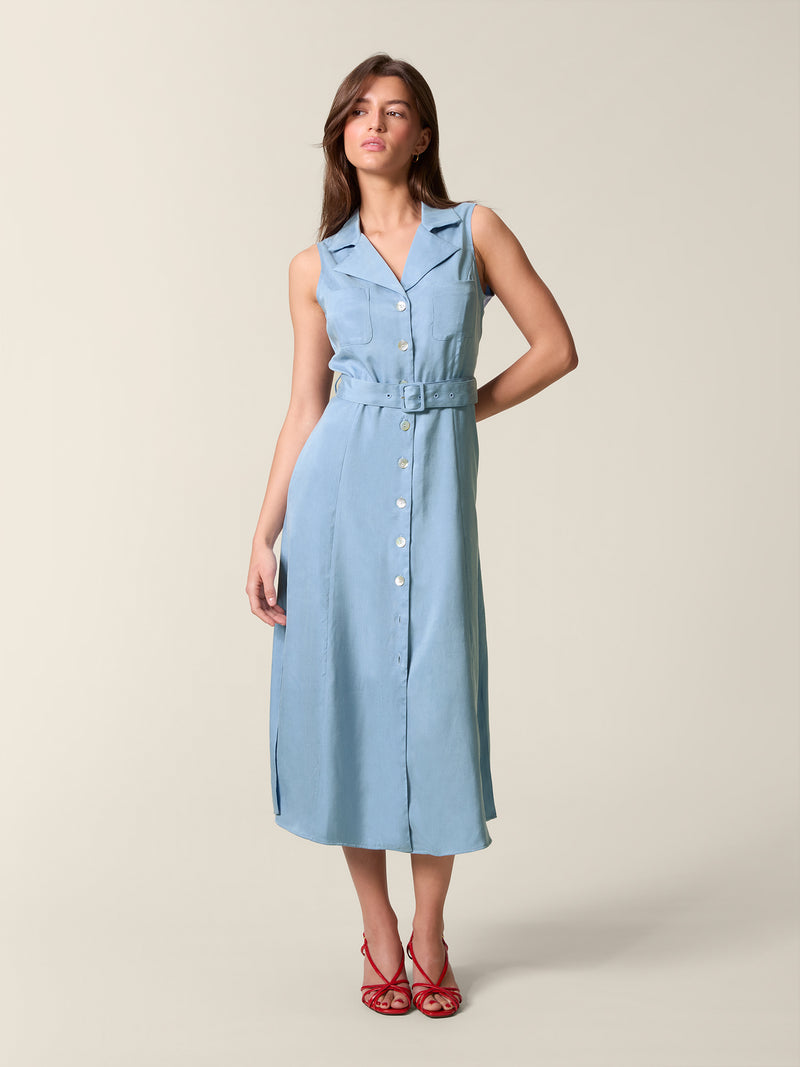 Front view of the blue Raquel dress for women.