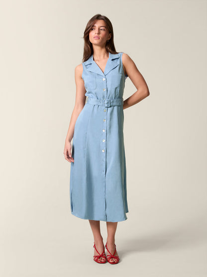 Front view of the blue Raquel dress for women.