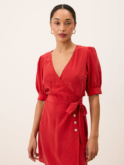 ROSALINA red plumetis wrap midi dress, front view by Rouje