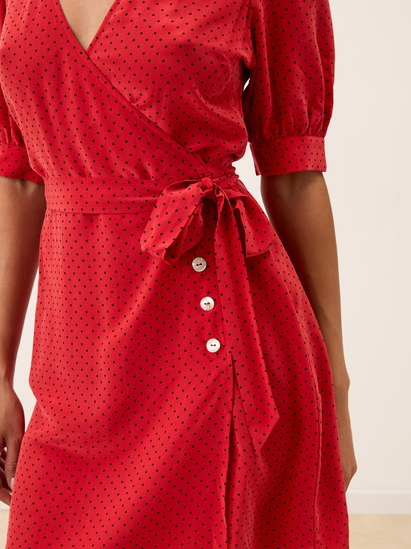 ROSALINA red plumetis midi dress, back view by Rouje