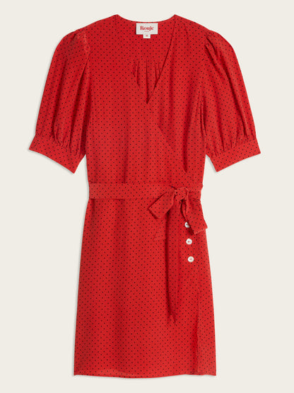 ROSALINA red plumetis wrap midi dress, flat packshot by Rouje