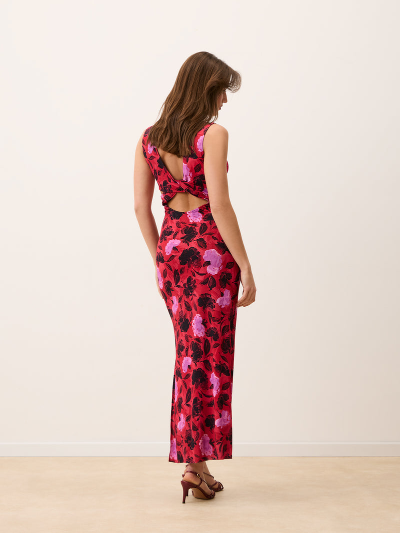 ROSELENA long red Flamenco Carnation floral crossover dress, front view by Rouje