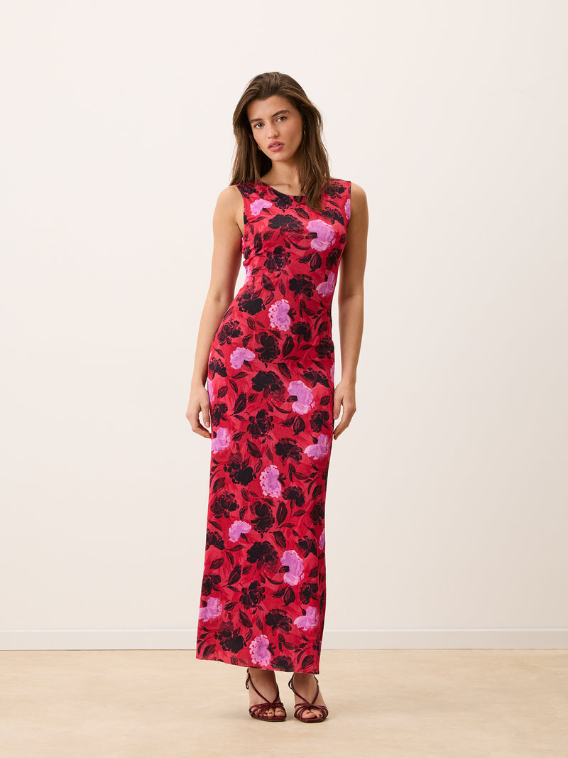 ROSELENA red floral long dress worn on a model by Rouje