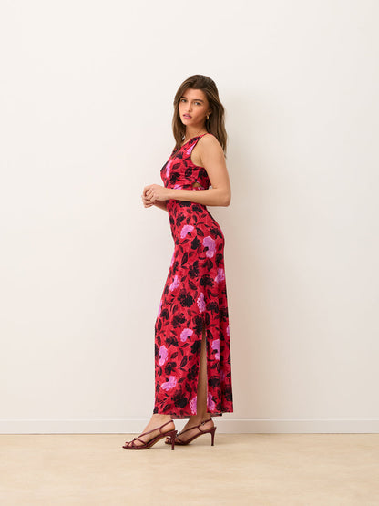 ROSELENA red floral long dress, back view by Rouje