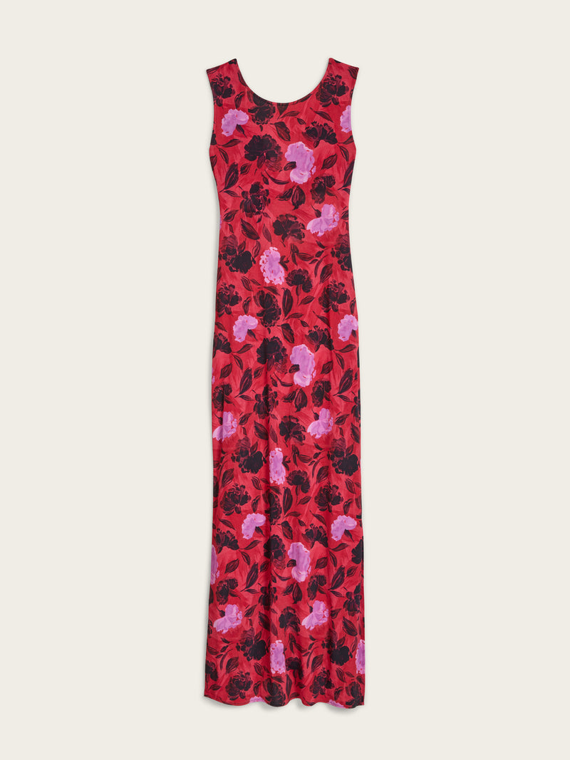 ROSELENA long red Flamenco Carnation floral open-back dress, flat packshot by Rouje