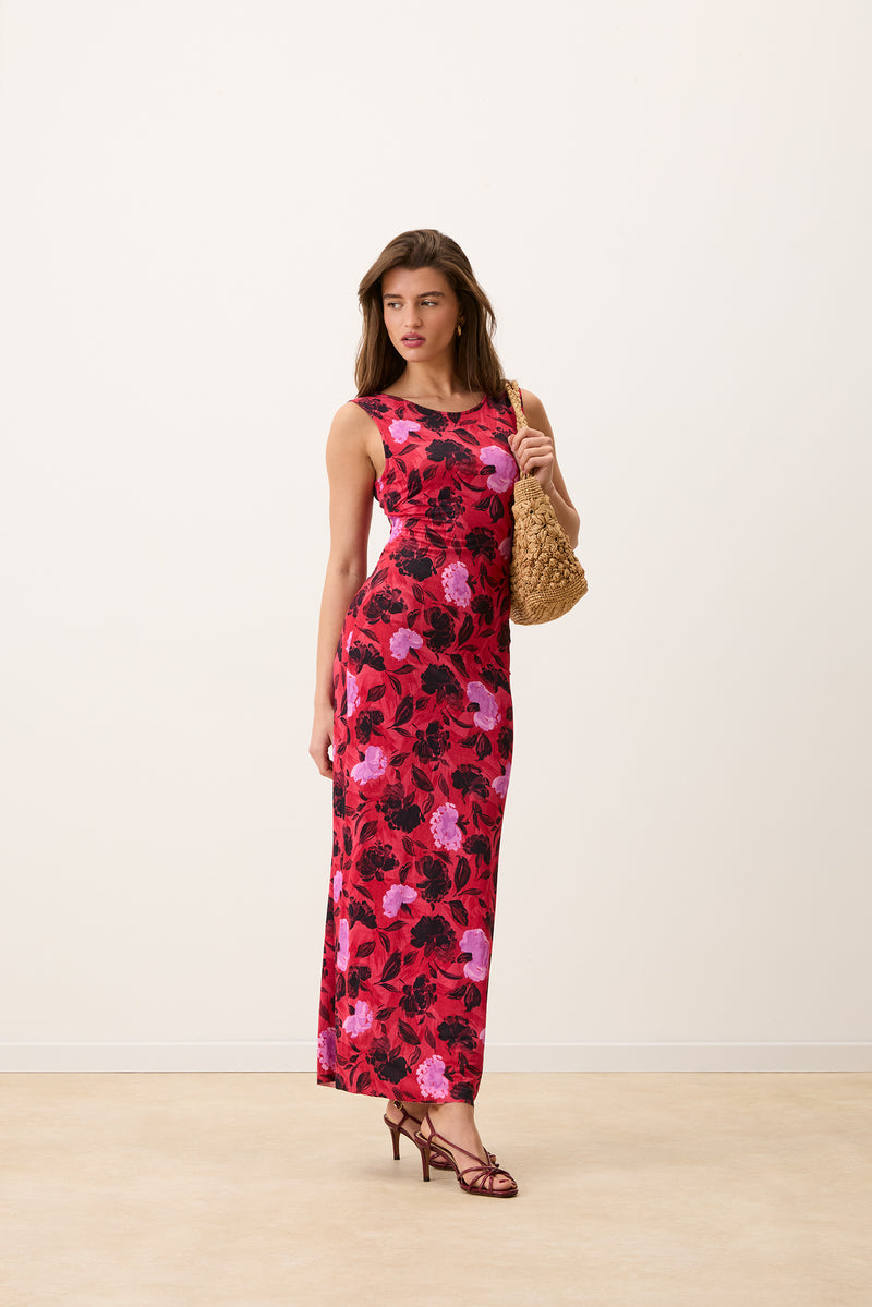 ROSELENA long red floral long dress, additional view by Rouje