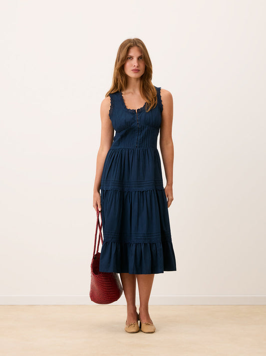 ROSELENE indigo blue corset style midi dress, front view by Rouje
