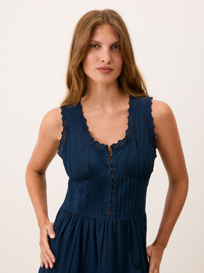 ROSELENE indigo blue corset midi dress worn on a model by Rouje