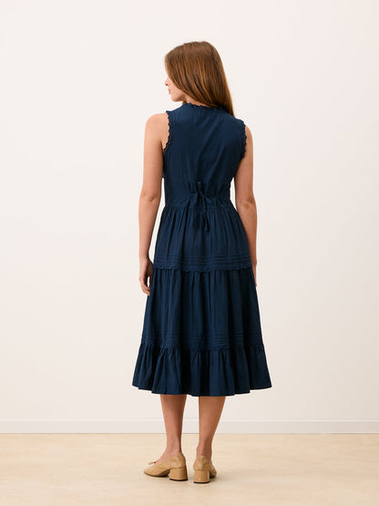 ROSELENE indigo blue corset midi dress, back view by Rouje