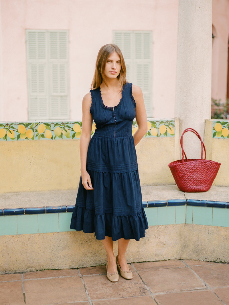 ROSELENE indigo blue corset midi dress, detail of neckline by Rouje