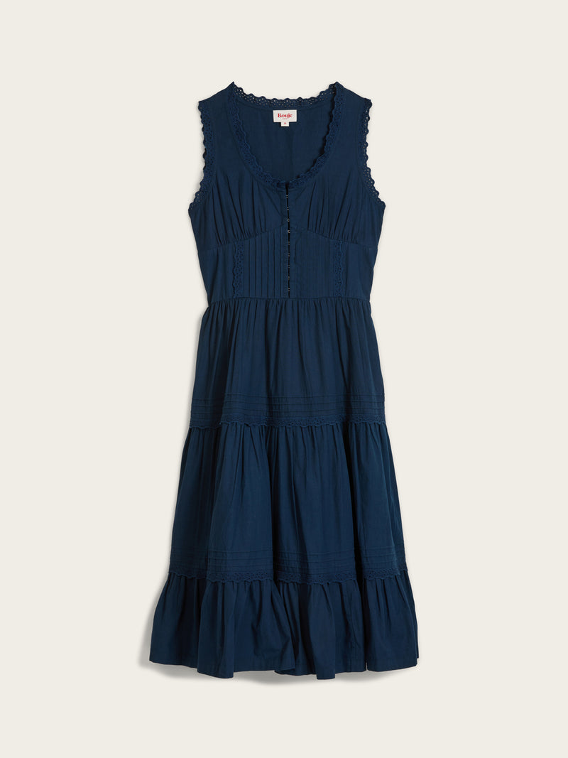 ROSELENE indigo blue corset style midi dress, flat packshot by Rouje
