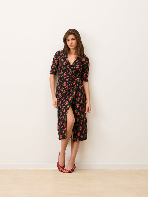 ROXY black Balade bucolique floral midi wrap dress, front view by Rouje