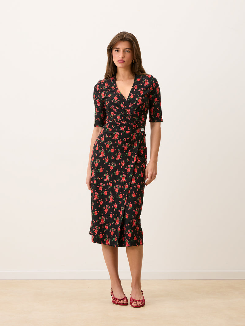 ROXY black floral midi wrap dress, back view by Rouje