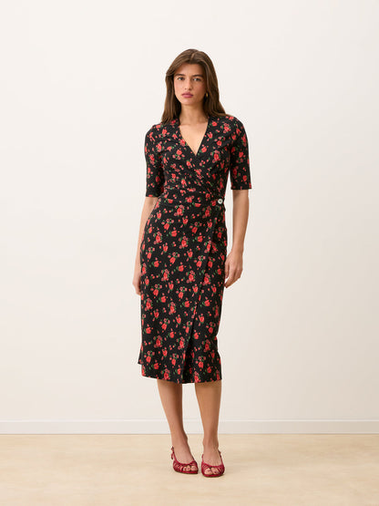 ROXY black floral midi wrap dress, back view by Rouje