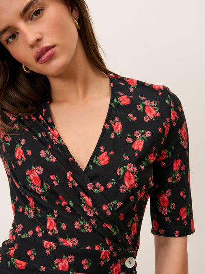 ROXY black Balade bucolique floral wrap dress, detail of V-neck by Rouje