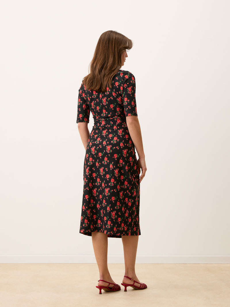 ROXY black floral midi wrap dress, side view by Rouje