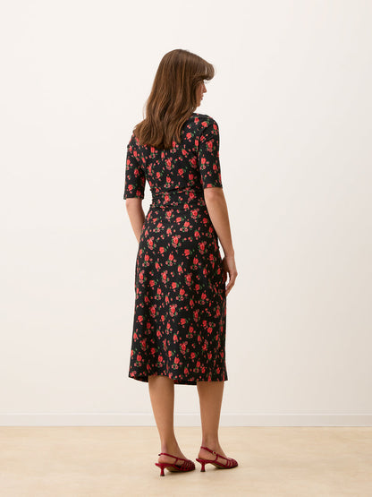 ROXY black floral midi wrap dress, side view by Rouje
