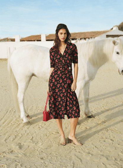 ROXY black floral midi wrap dress, lifestyle setting by Rouje