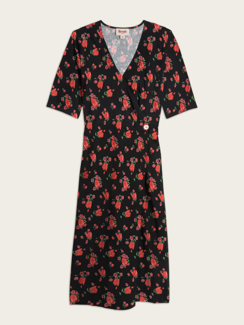 ROXY black Balade bucolique floral midi wrap jersey dress, flat packshot by Rouje