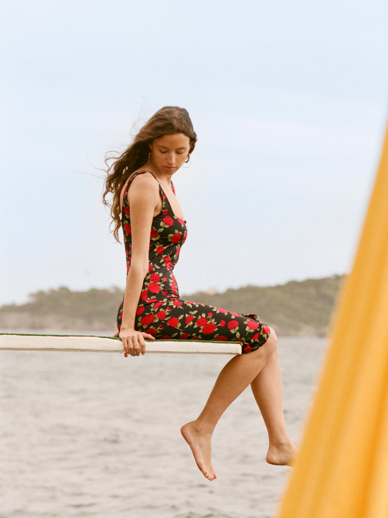 TAMAZA red roses print midi dress with slit, front view by Rouje x Etam
