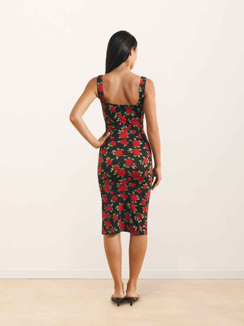 TAMAZA red roses print midi dress, detail of plunging square neckline by Rouje x Etam