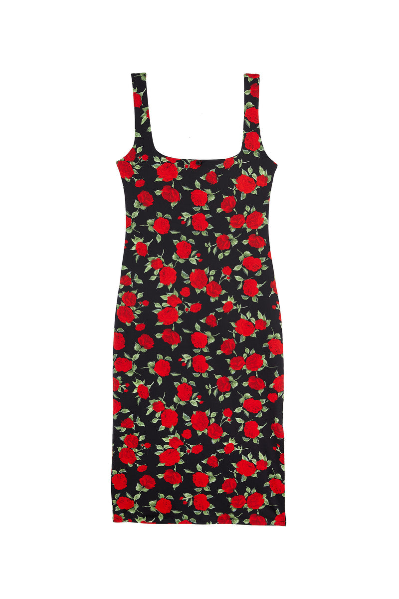 TAMAZA red roses print midi dress, flat packshot by Rouje x Etam