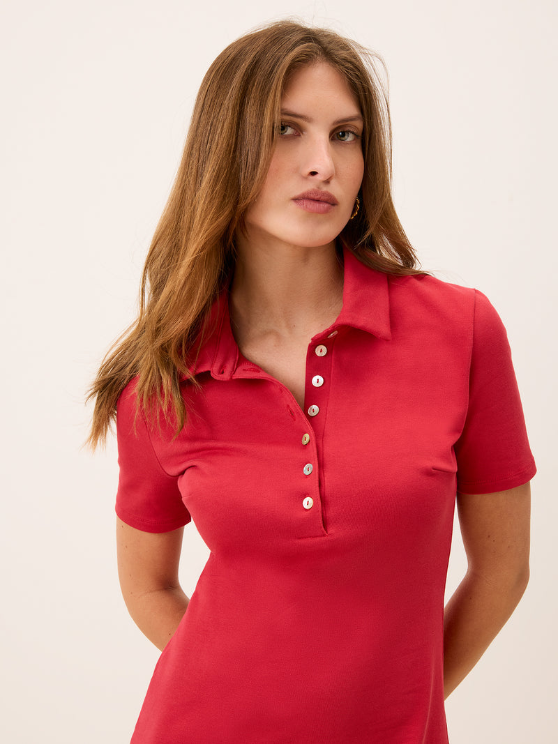 TONY red polo dress worn on a model by Rouje