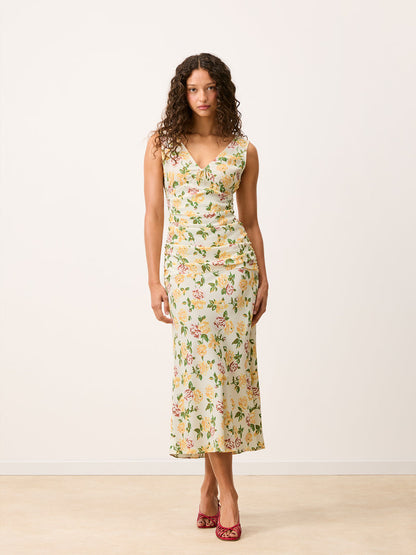 Full-length view of the Val floral maxi dress, worn by a model