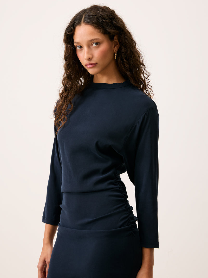 VALERIA navy blue short dress with ruffles, front view by Rouje
